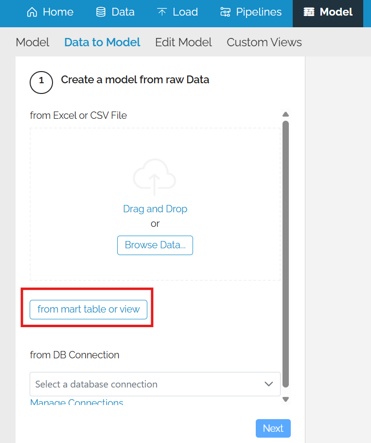 Image showing the Model menu option, the Data To Model menu option, the load screen for the Excel and the Next button